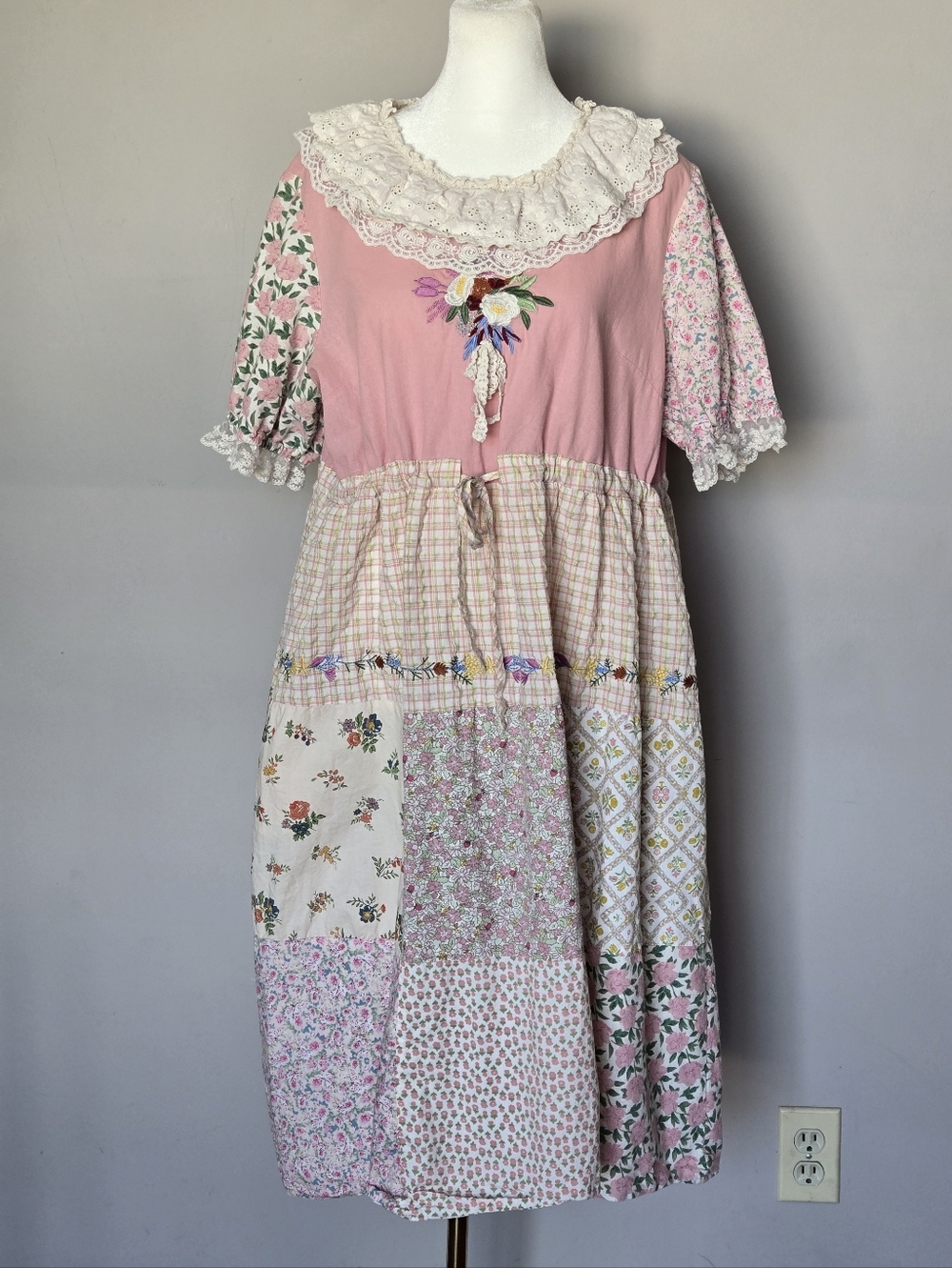 Boho Embroidered Floral Patchwork Midi Summer Dress Cottagecore Romantic - Picture 2 of 12